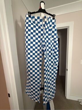 Checkerboard Wide-Leg Pants - Blue/White